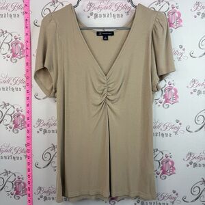 INC International Concepts T-shirt puff Beige V-Neck Short Sleeve Ruched Top
